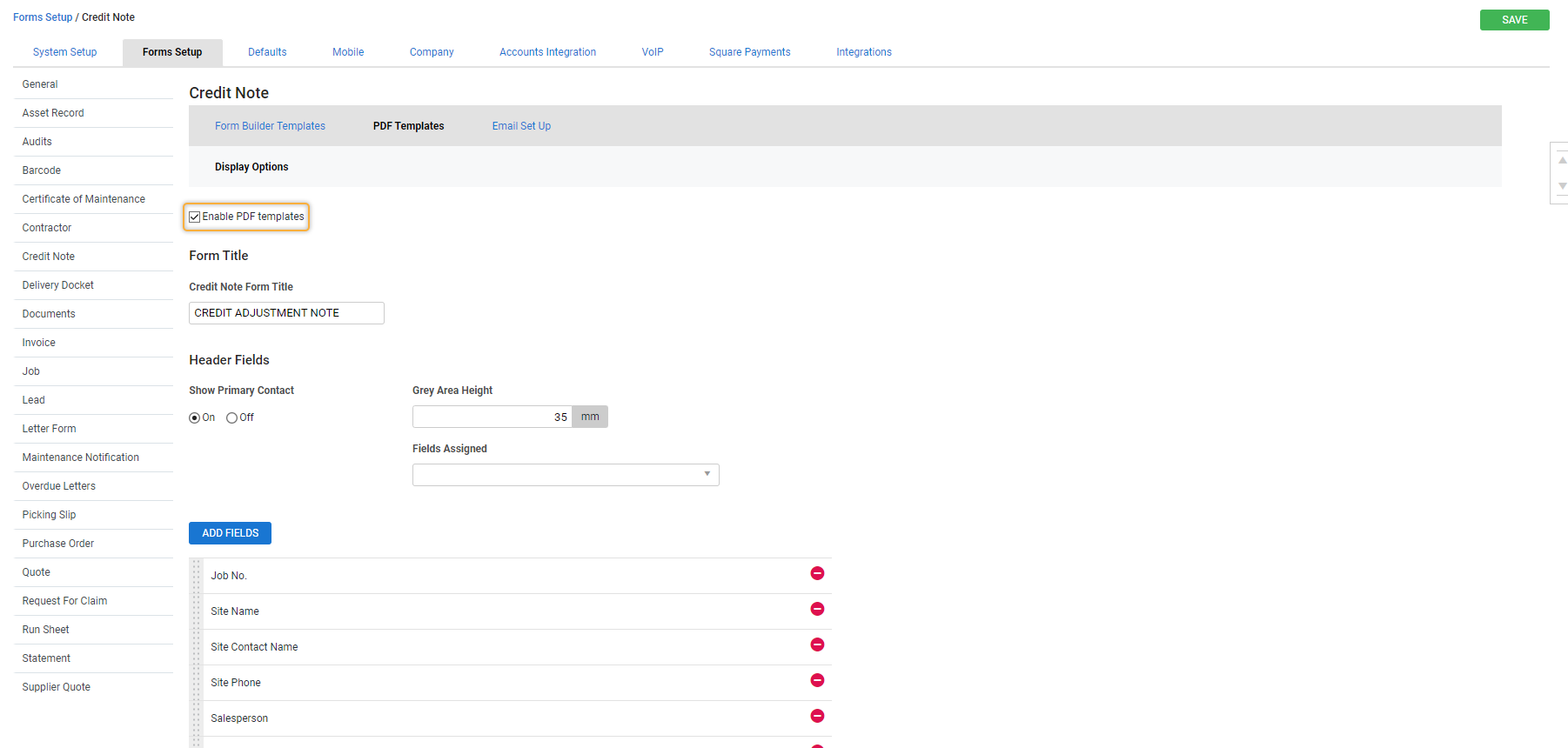 A screenshot of the Credit Note Forms Setup options in Simpro Premium.